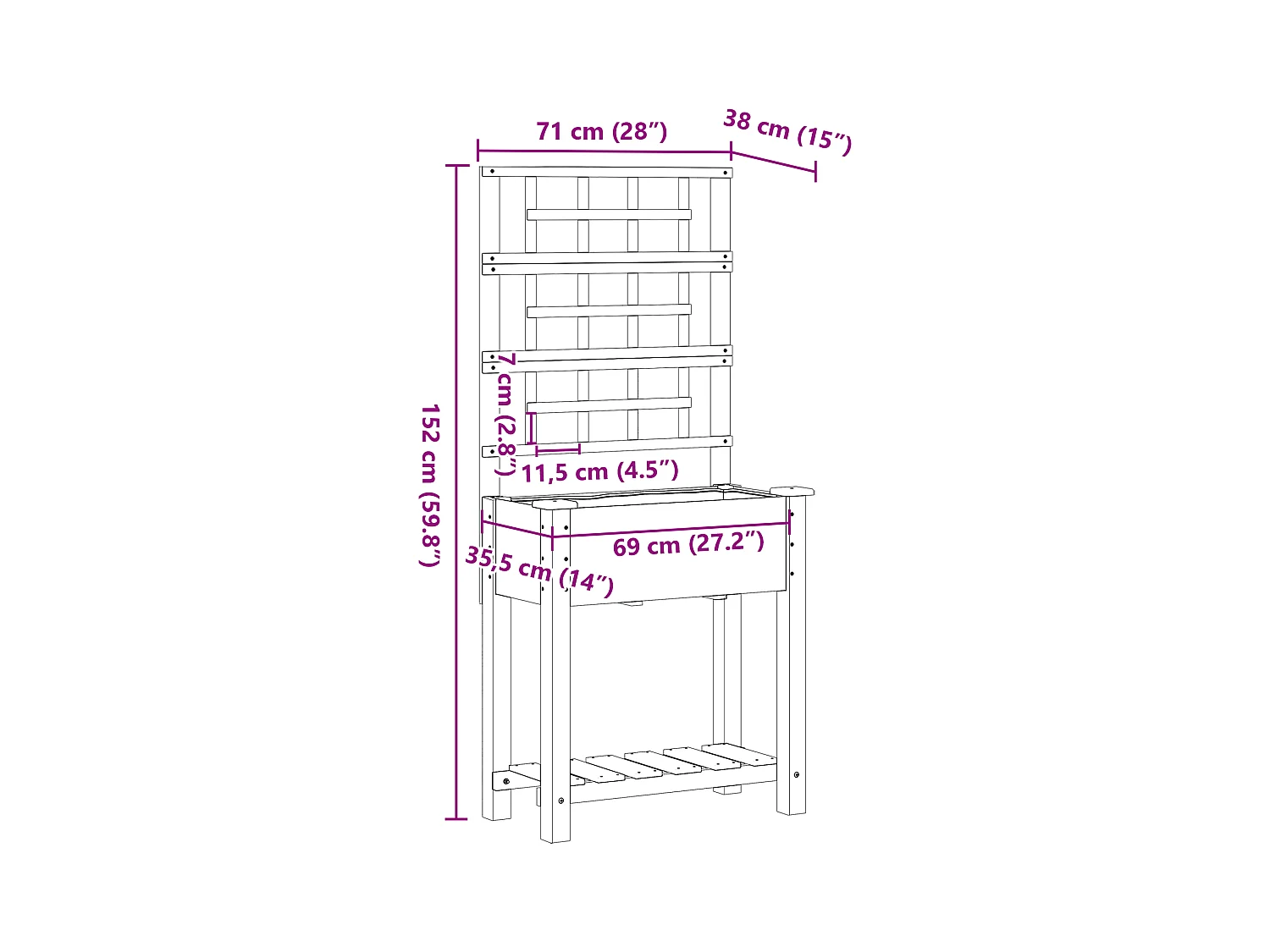 Plantenbak met trellis en plank 71x37x152 cm van massief dennenhout