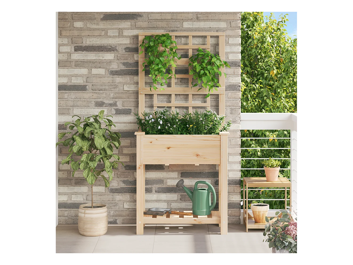 Jardinière avec treillis et étagère 71x37x152 cm en bois massif de sapin