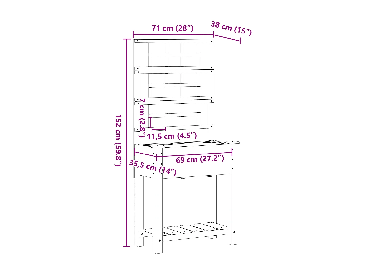 Jardinière avec treillis et étagère 71x37x152 cm en bois massif de sapin