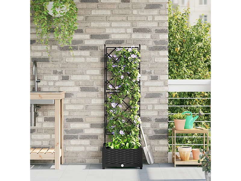 Zwarte plantenbak met trellis 40x40x125,5 cm