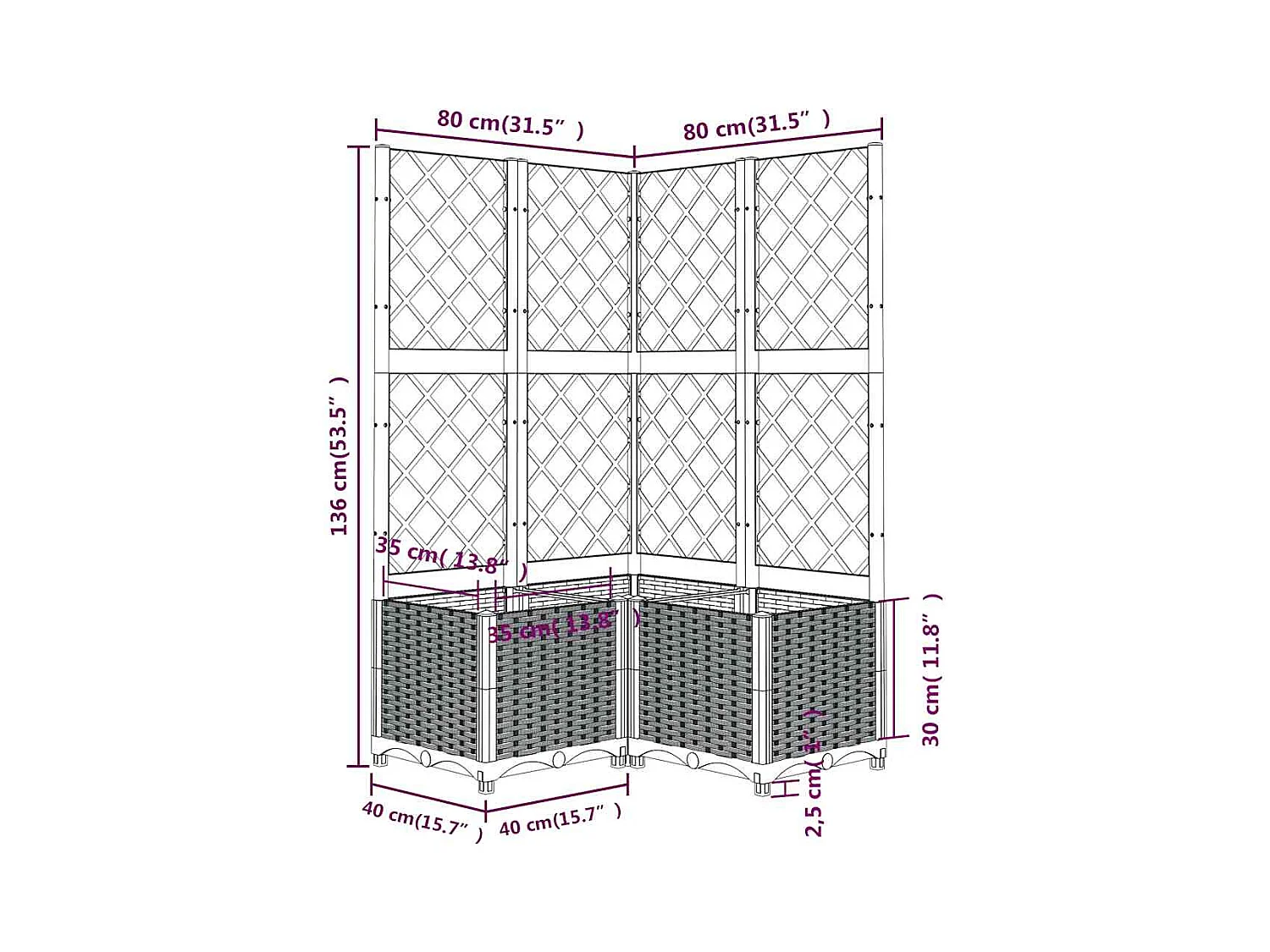 Jardinière avec treillis bleu gris 80x80x136 cm PP