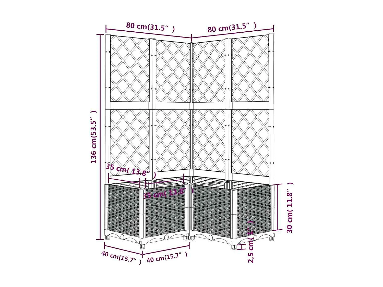 Jardinière avec treillis bleu gris 80x80x136 cm PP