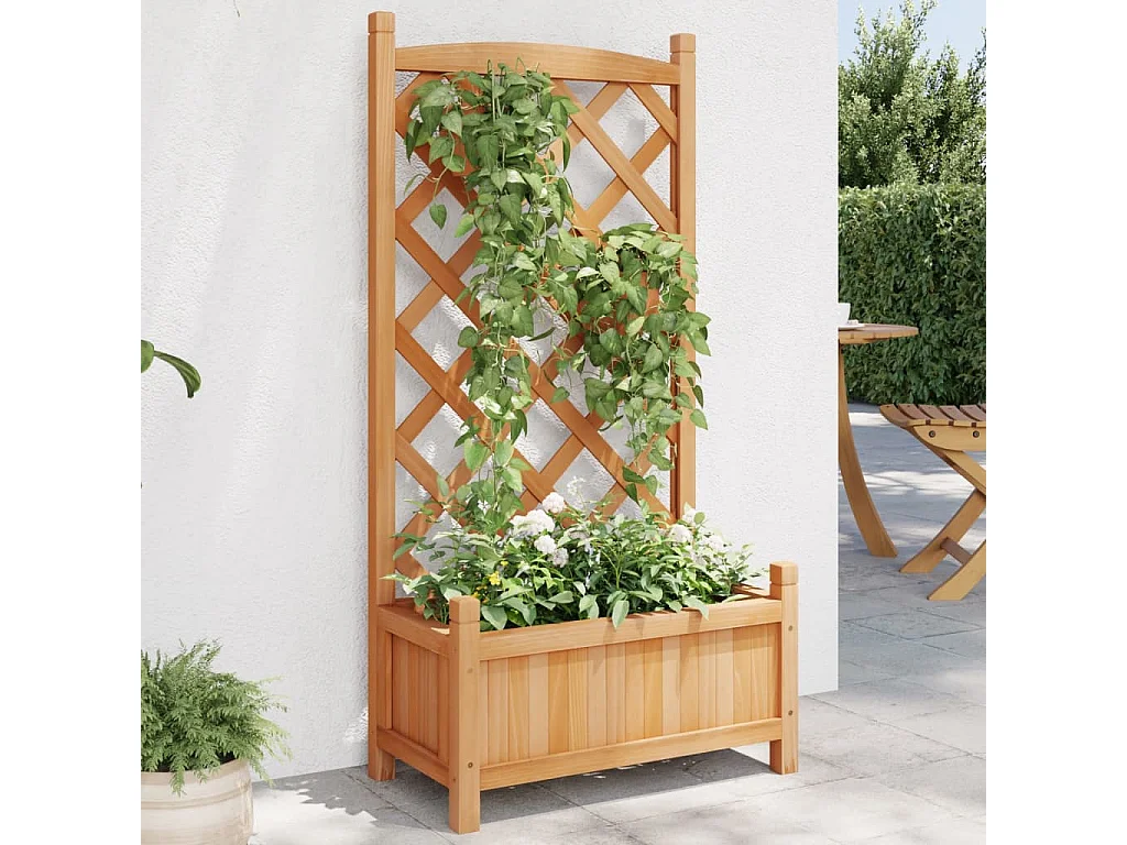Jardinera con enrejado marrón de madera maciza de abeto.