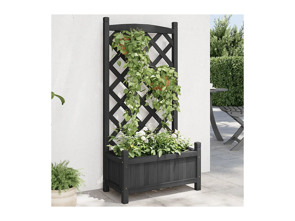 Jardinière avec treillis noir bois massif de sapin