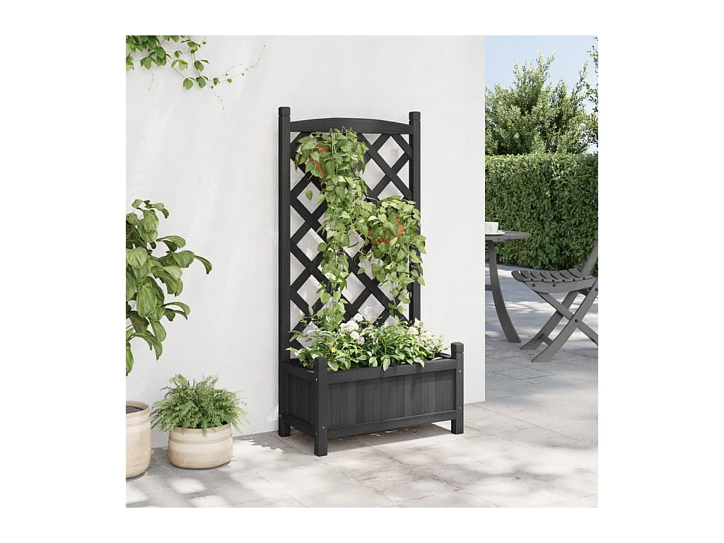 Jardinière avec treillis noir bois massif de sapin