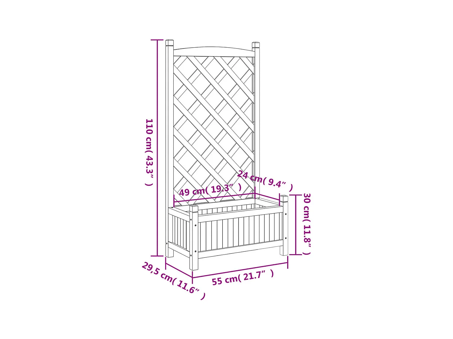 Jardinière avec treillis noir bois massif de sapin