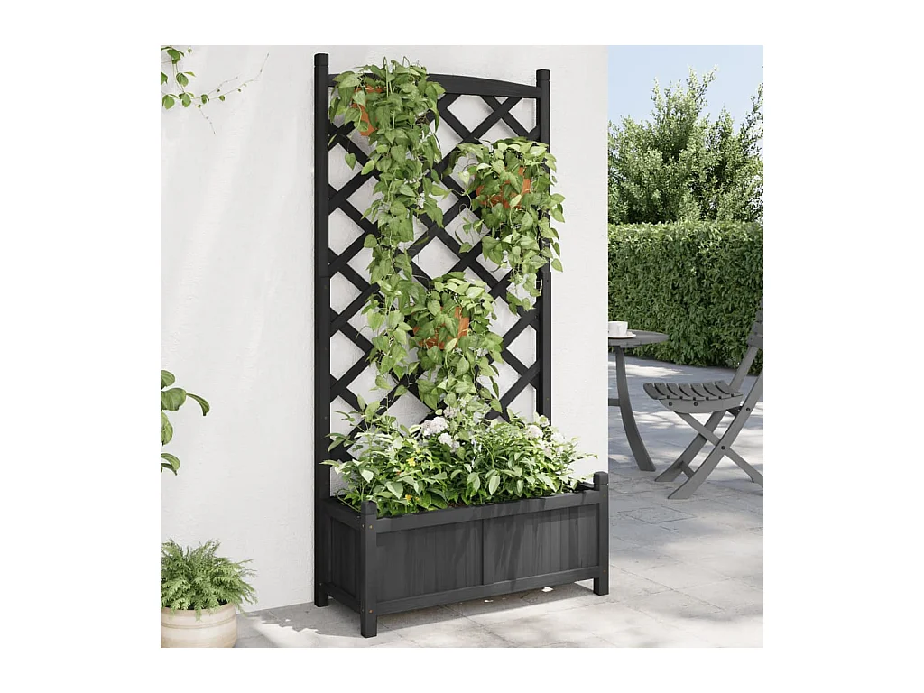 Jardinière avec treillis noir bois massif de sapin