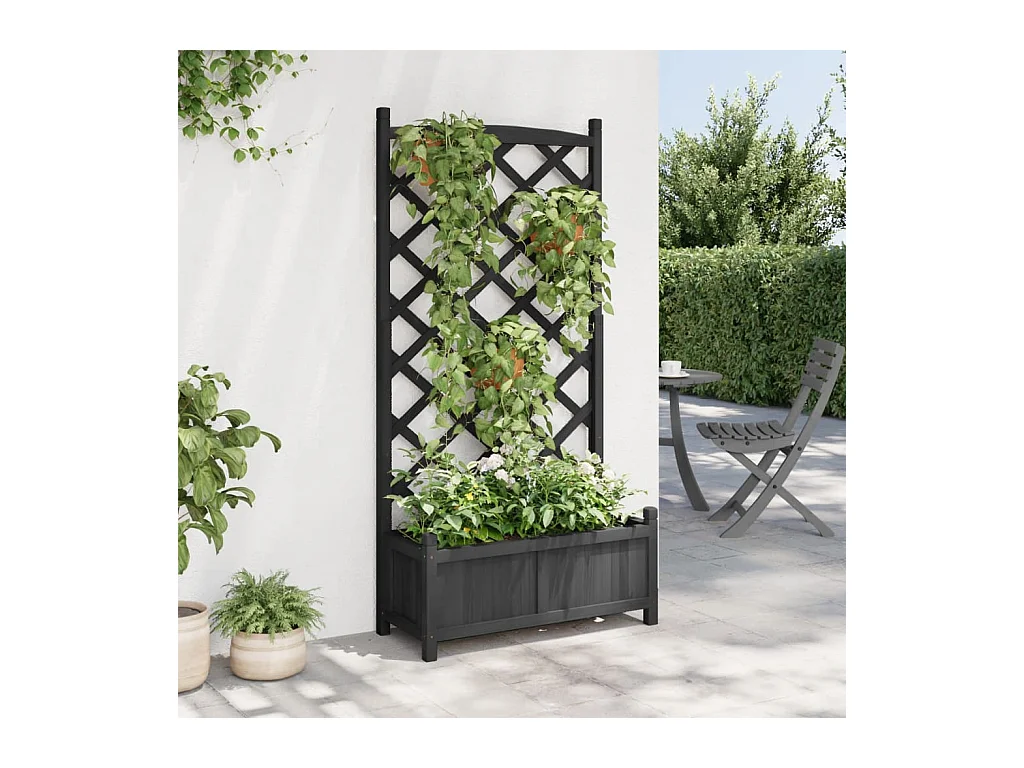 Jardinière avec treillis noir bois massif de sapin