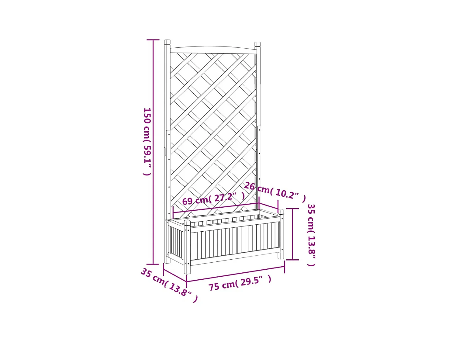 Plantenbak met bruin trellis van massief dennenhout