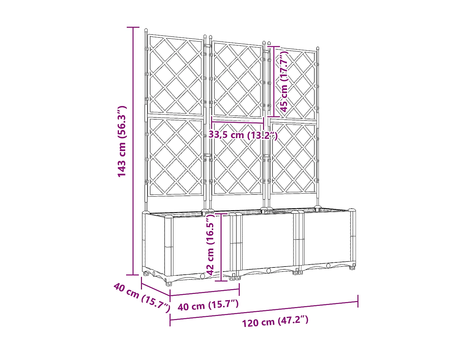 Plantenbak met trellis 3 stuks wit 120x40x143 cm