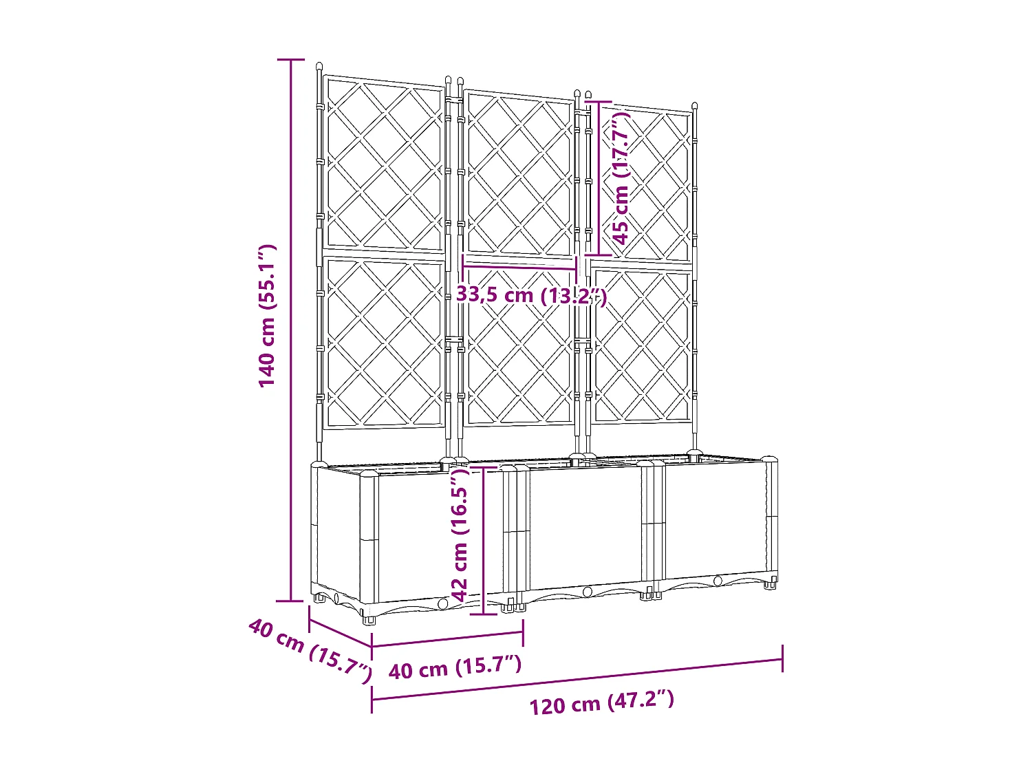 Jardinière de jardin avec treillis 3 pcs gris clair 120x40x143 cm