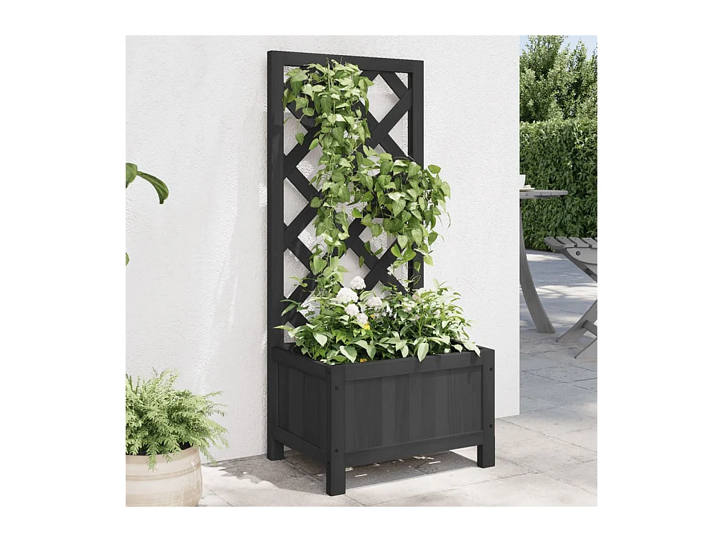 Jardinière avec treillis noir bois massif de sapin