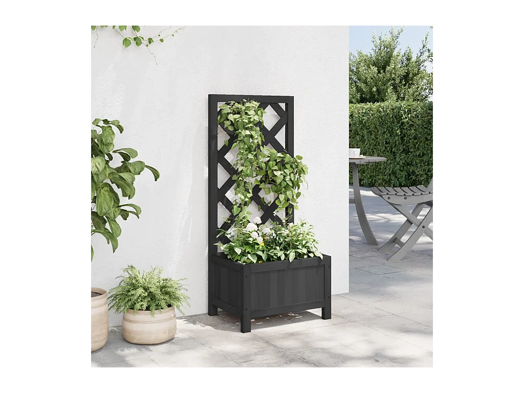 Jardinière avec treillis noir bois massif de sapin