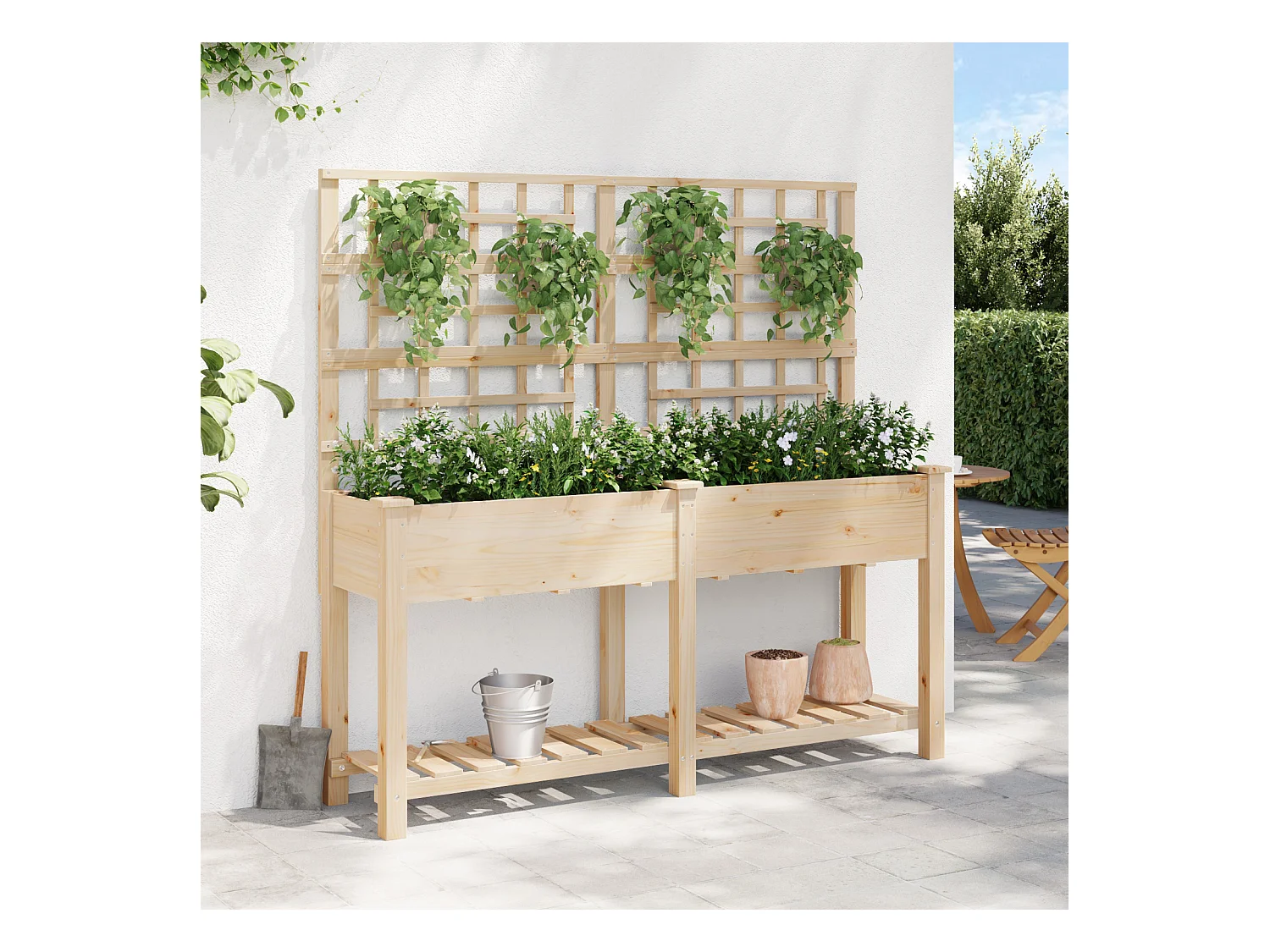 Plantenbak met trellis en plank 161x43x152 cm van massief dennenhout