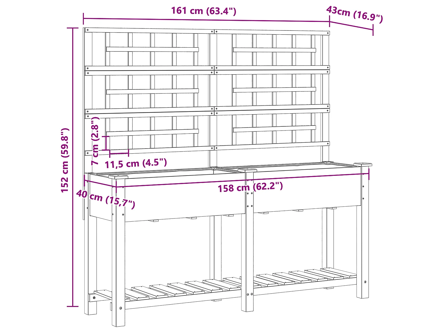 Plantenbak met trellis en plank 161x43x152 cm van massief dennenhout