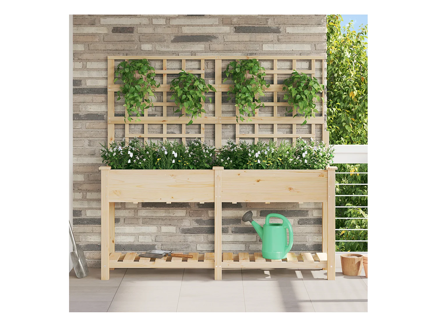 Jardinière avec treillis et étagère 161x43x152 cm en bois massif de sapin