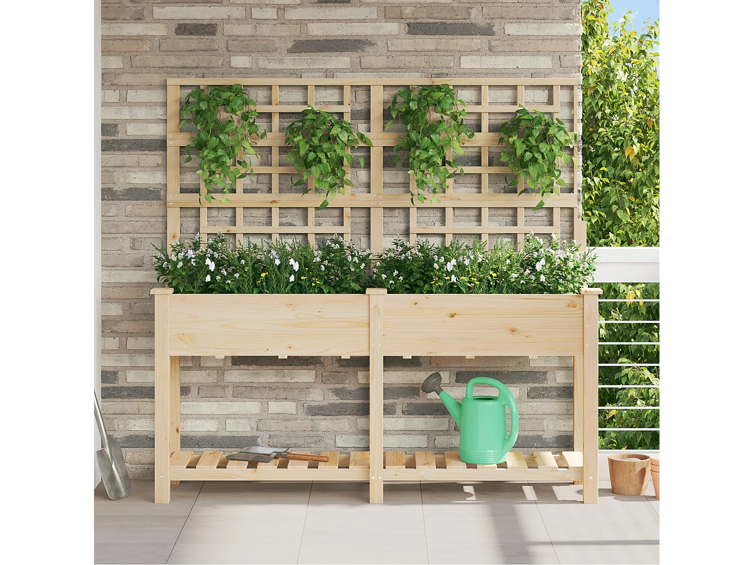 Plantenbak met trellis en plank 161x43x152 cm van massief dennenhout