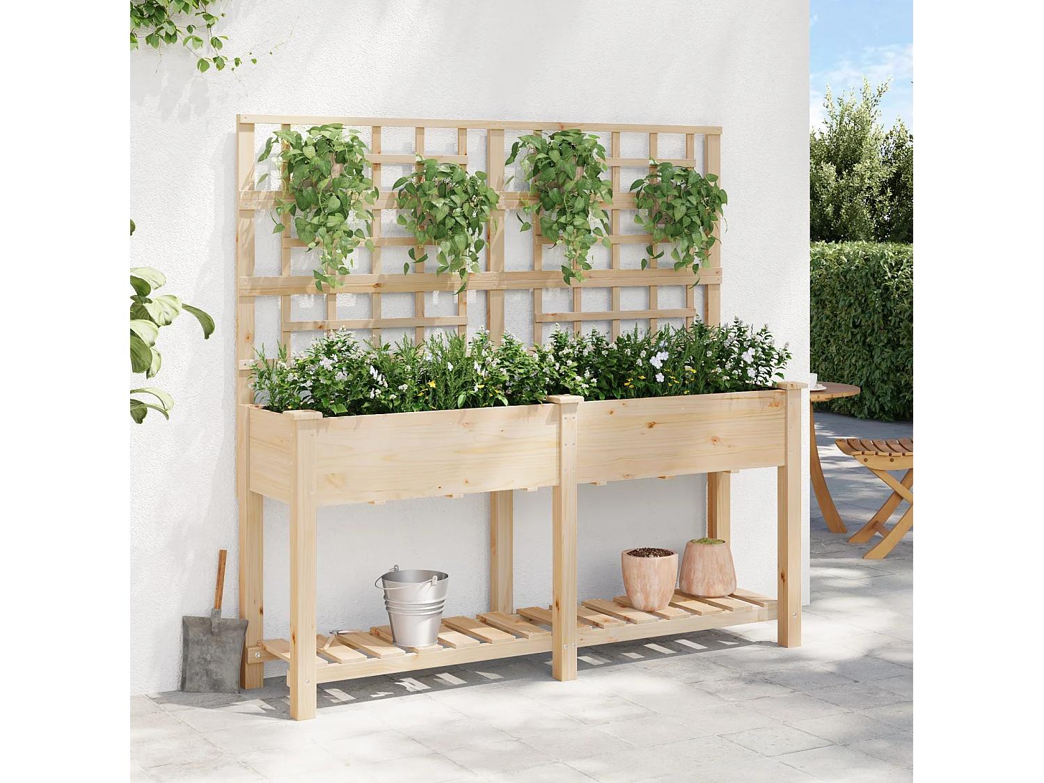 Plantenbak met trellis en plank 161x43x152 cm van massief dennenhout