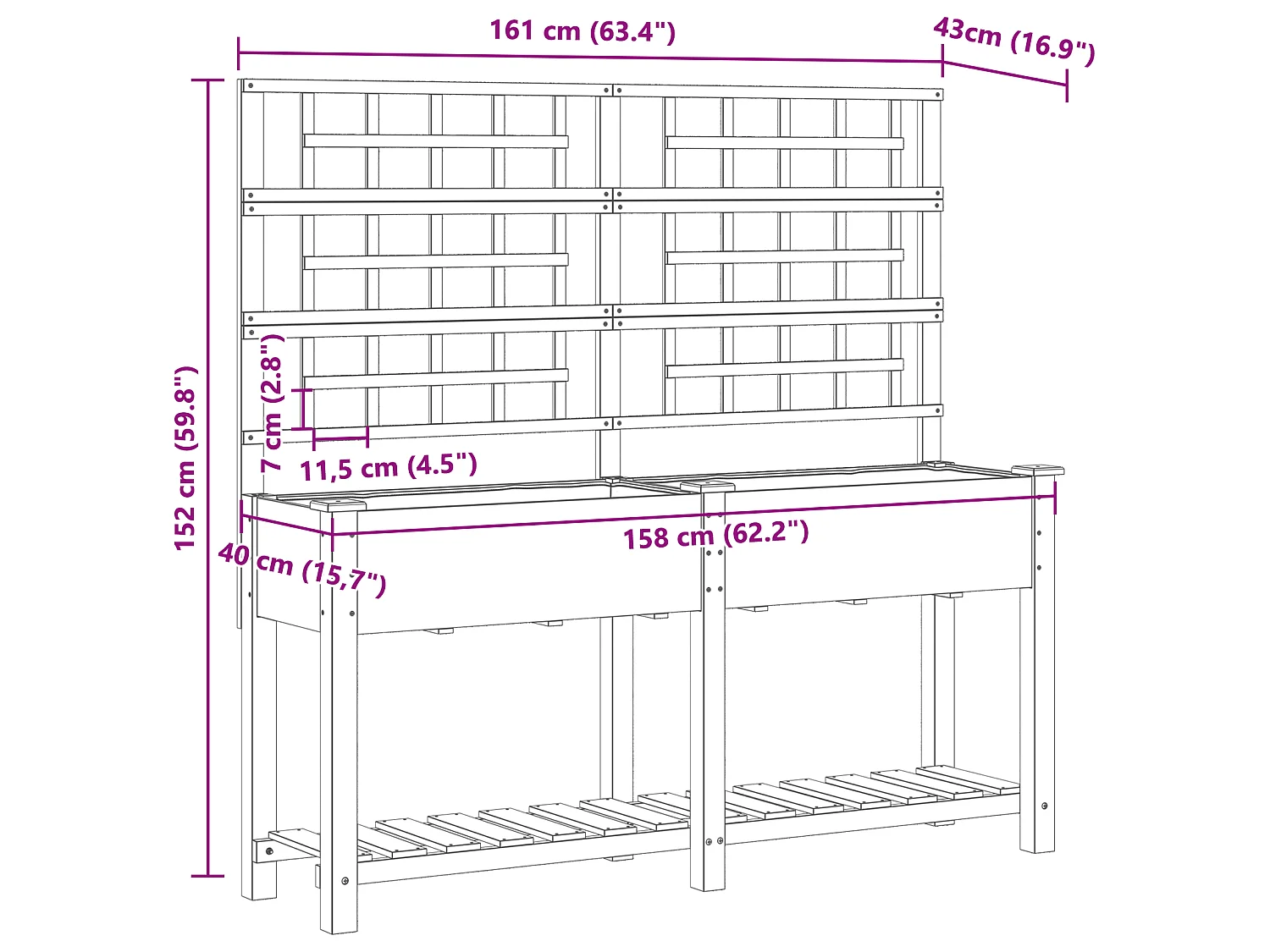 Plantenbak met trellis en plank 161x43x152 cm van massief dennenhout