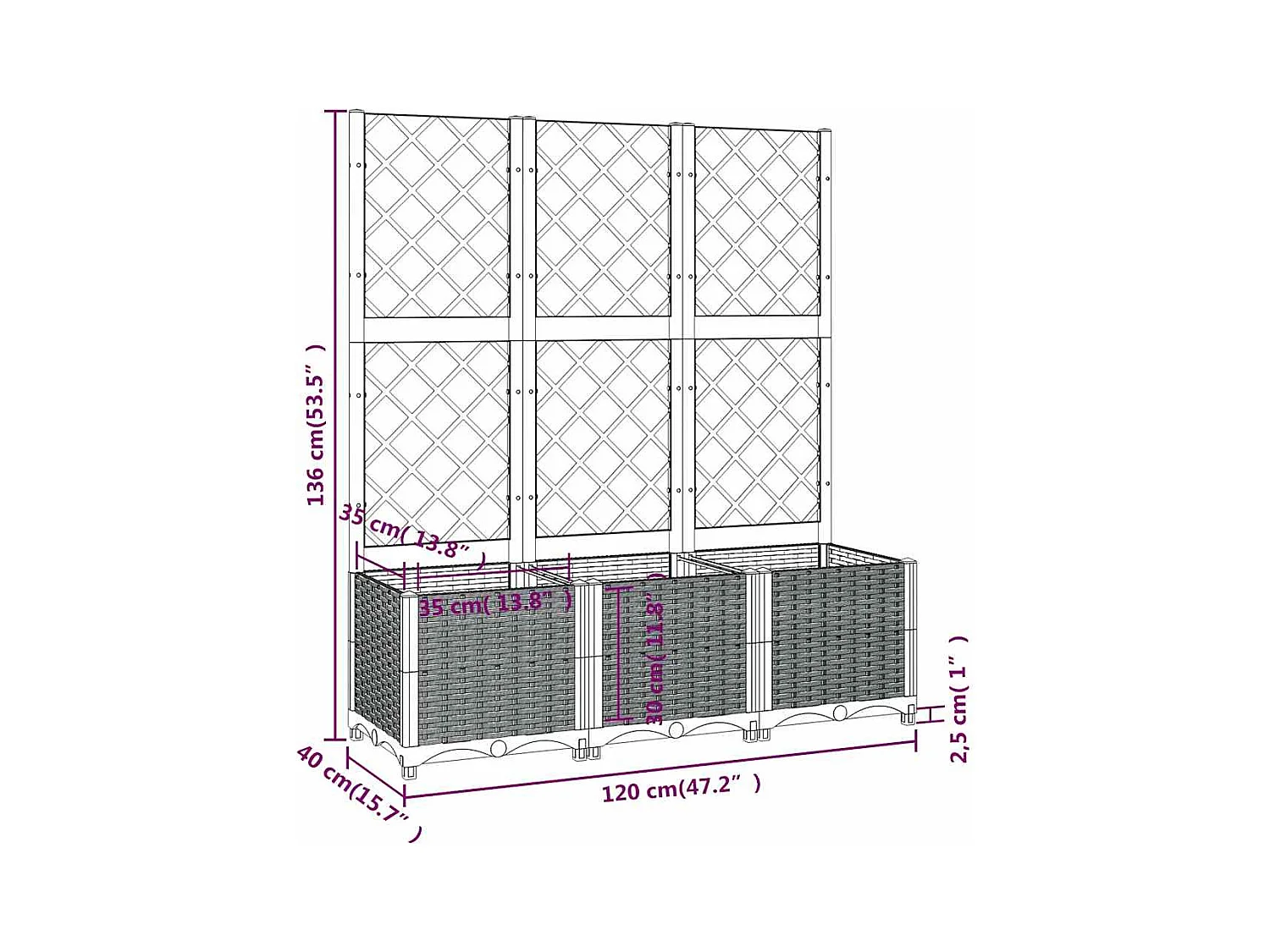 Jardinière avec treillis bleu gris 120x40x136 cm PP