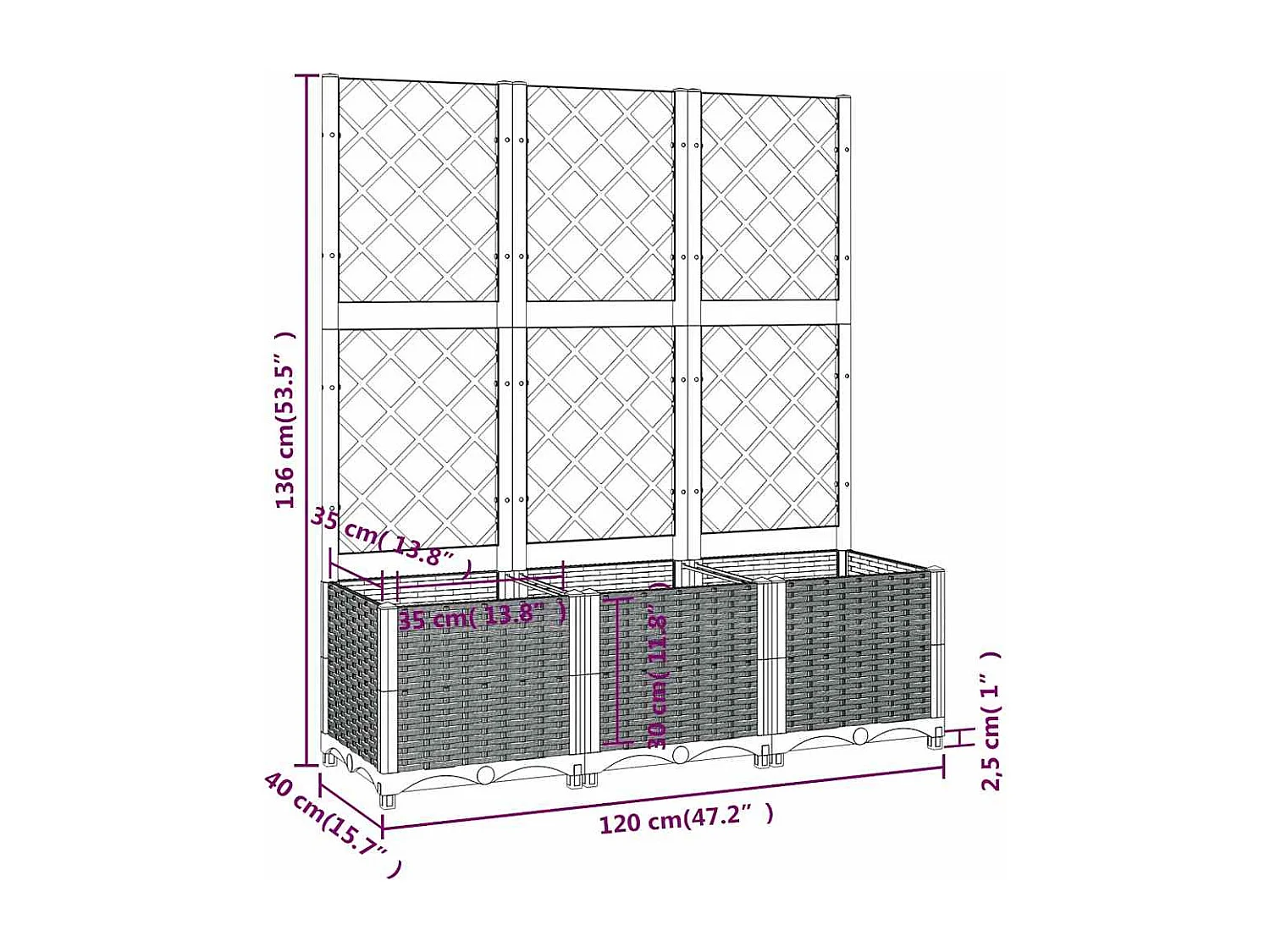 Jardinière avec treillis bleu gris 120x40x136 cm PP