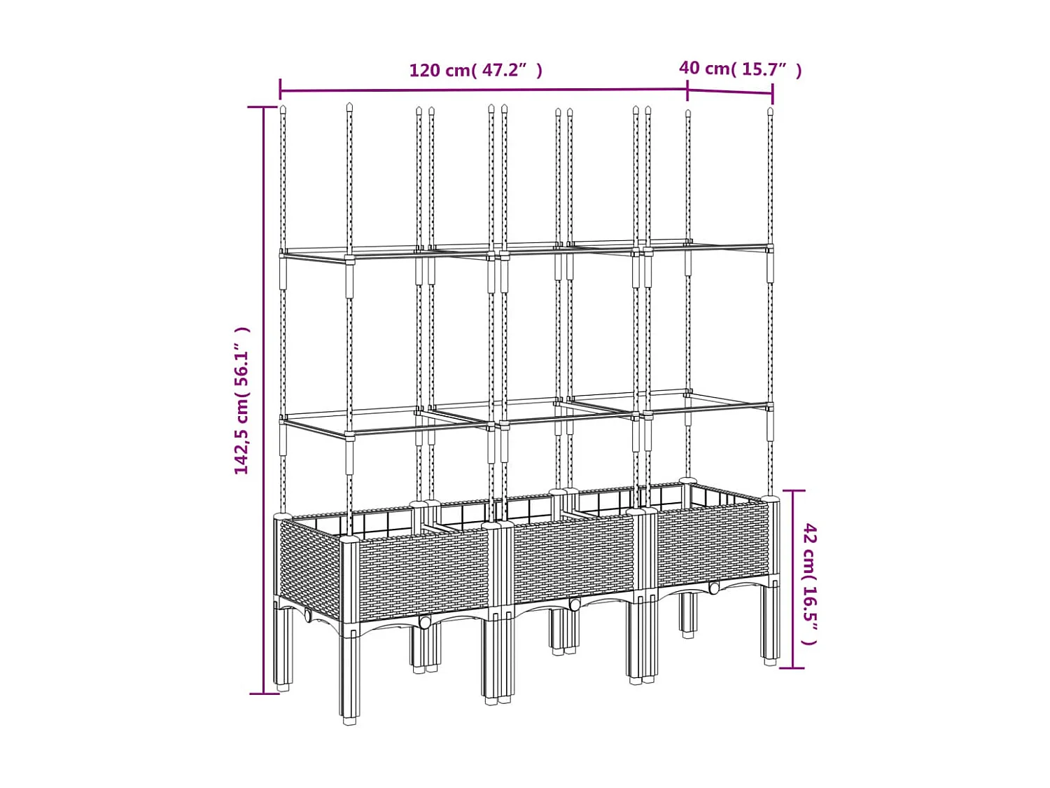 Plantenbak met trellis Lichtgrijs 120x40x142,5 cm PP