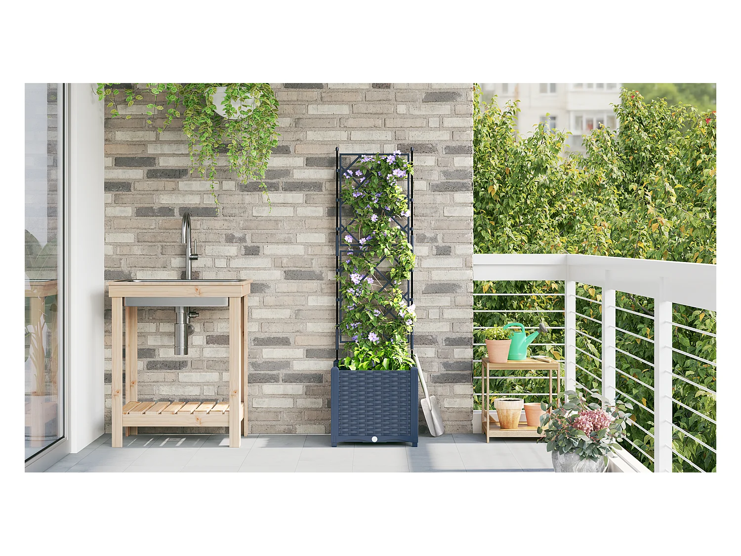 Tuinbak met grijs trellis 40x40x143 cm