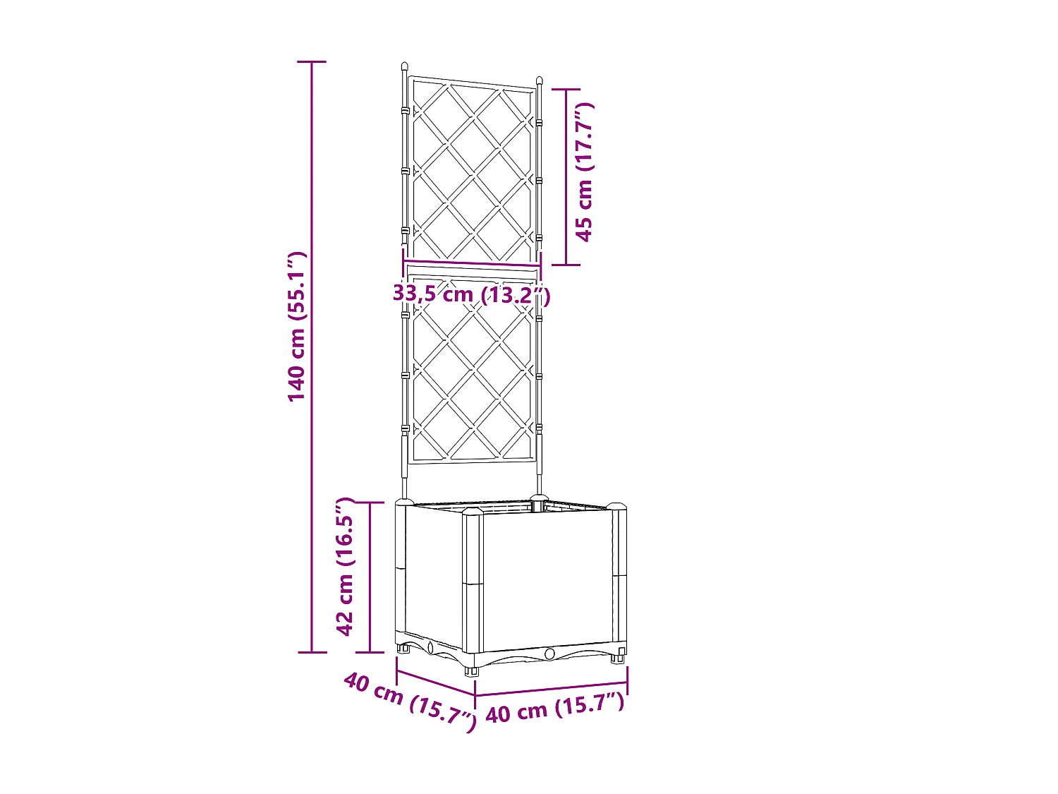 Tuinbak met grijs trellis 40x40x143 cm