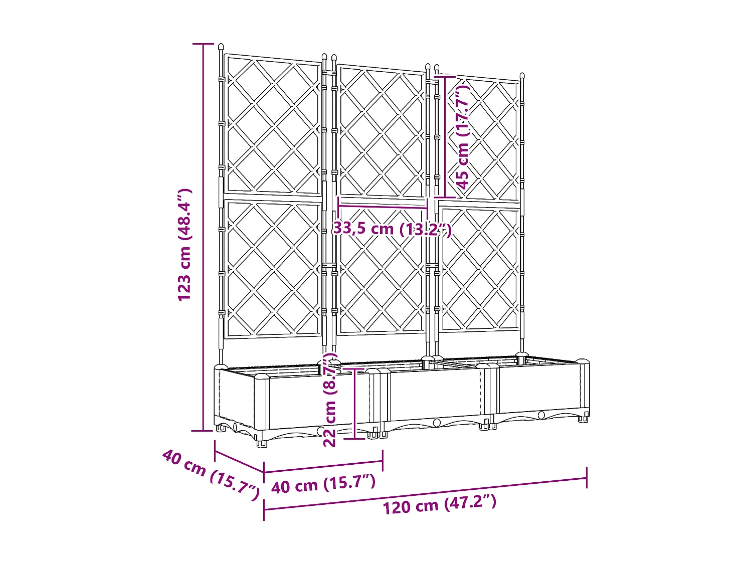 Jardinière avec treillis 3 pcs Grise 120x40x125,5 cm