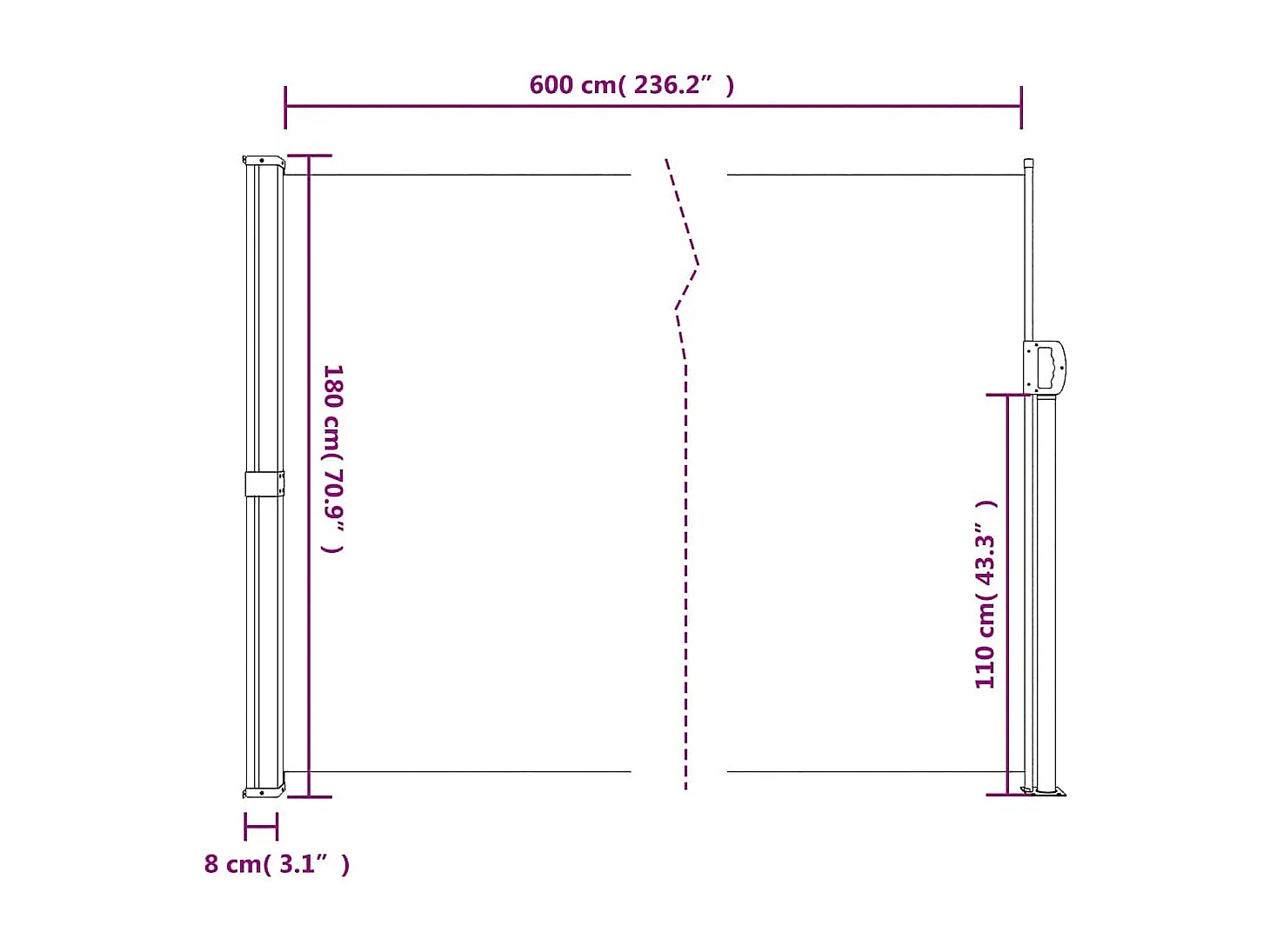 Toldo lateral retráctil verde oscuro 180x600 cm