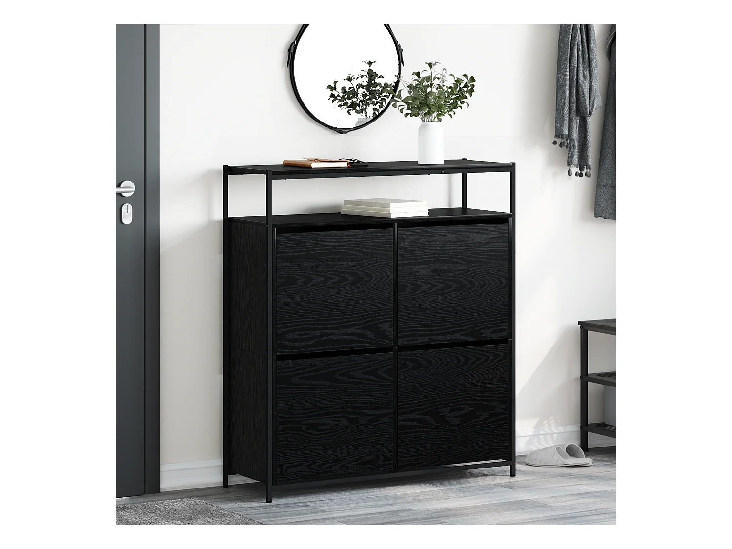 Scarpiera con 4 cassetti basculanti rovere nero 100x34x112 cm