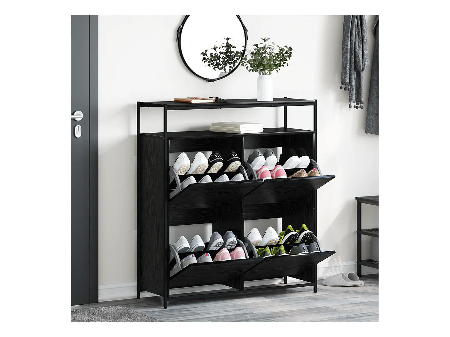 Scarpiera con 4 cassetti basculanti rovere nero 100x34x112 cm