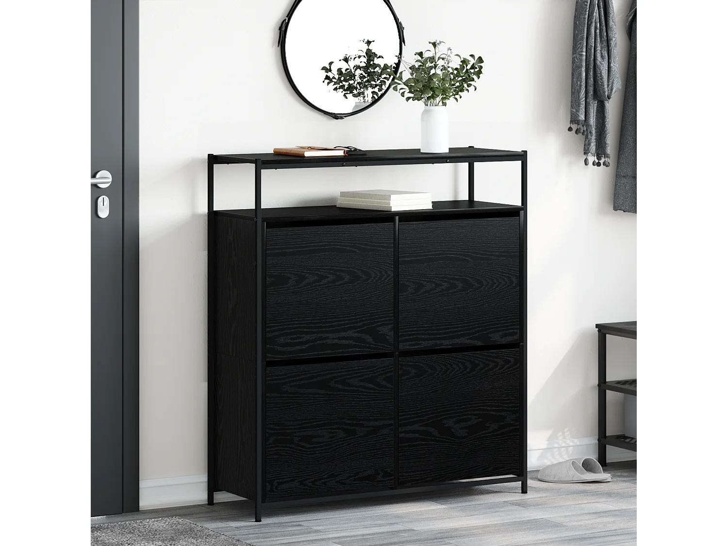 Armoire à chaussures avec 4 tiroirs basculants chêne noir 100x34x112 cm