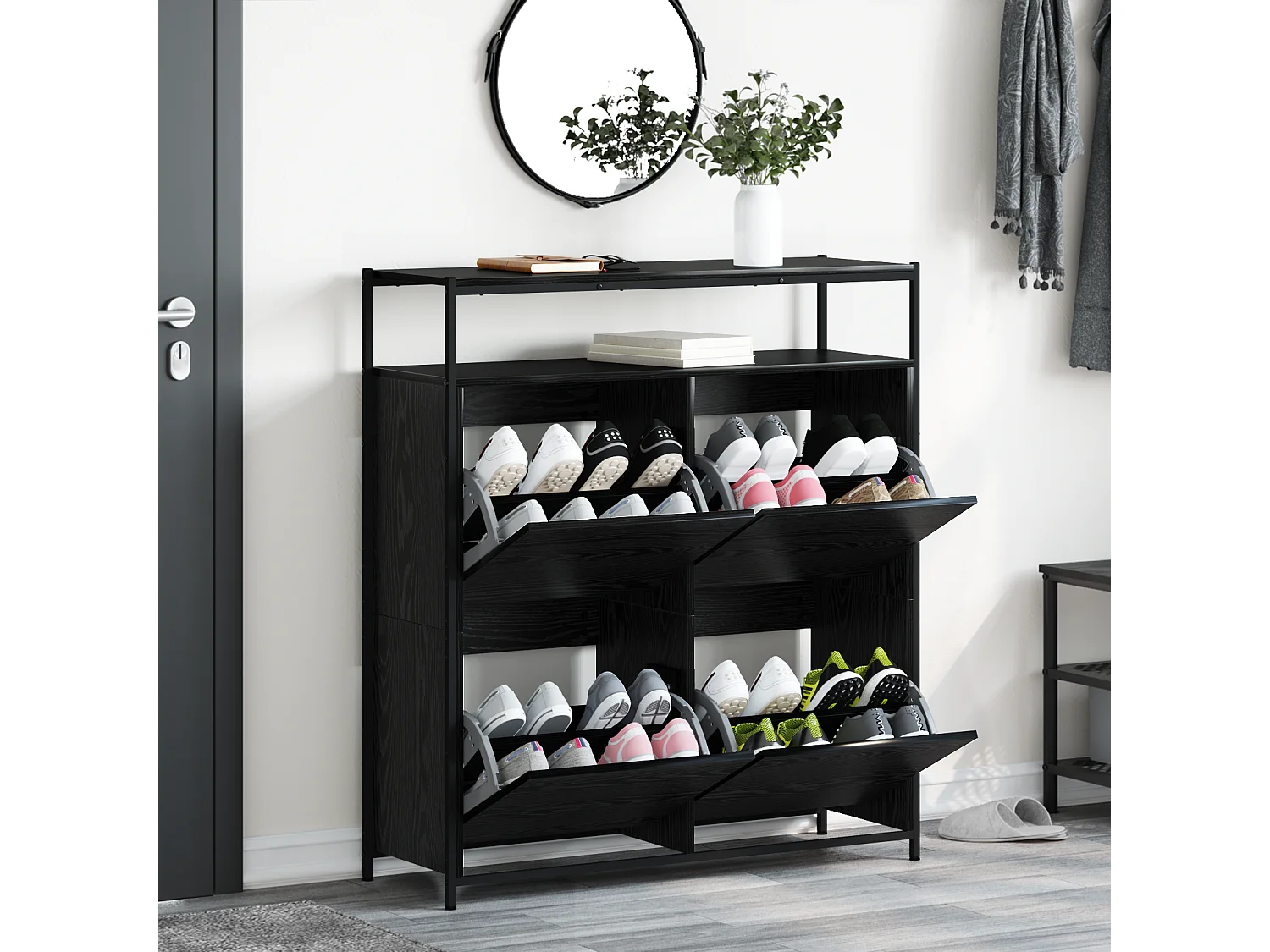 Armoire à chaussures avec 4 tiroirs basculants chêne noir 100x34x112 cm