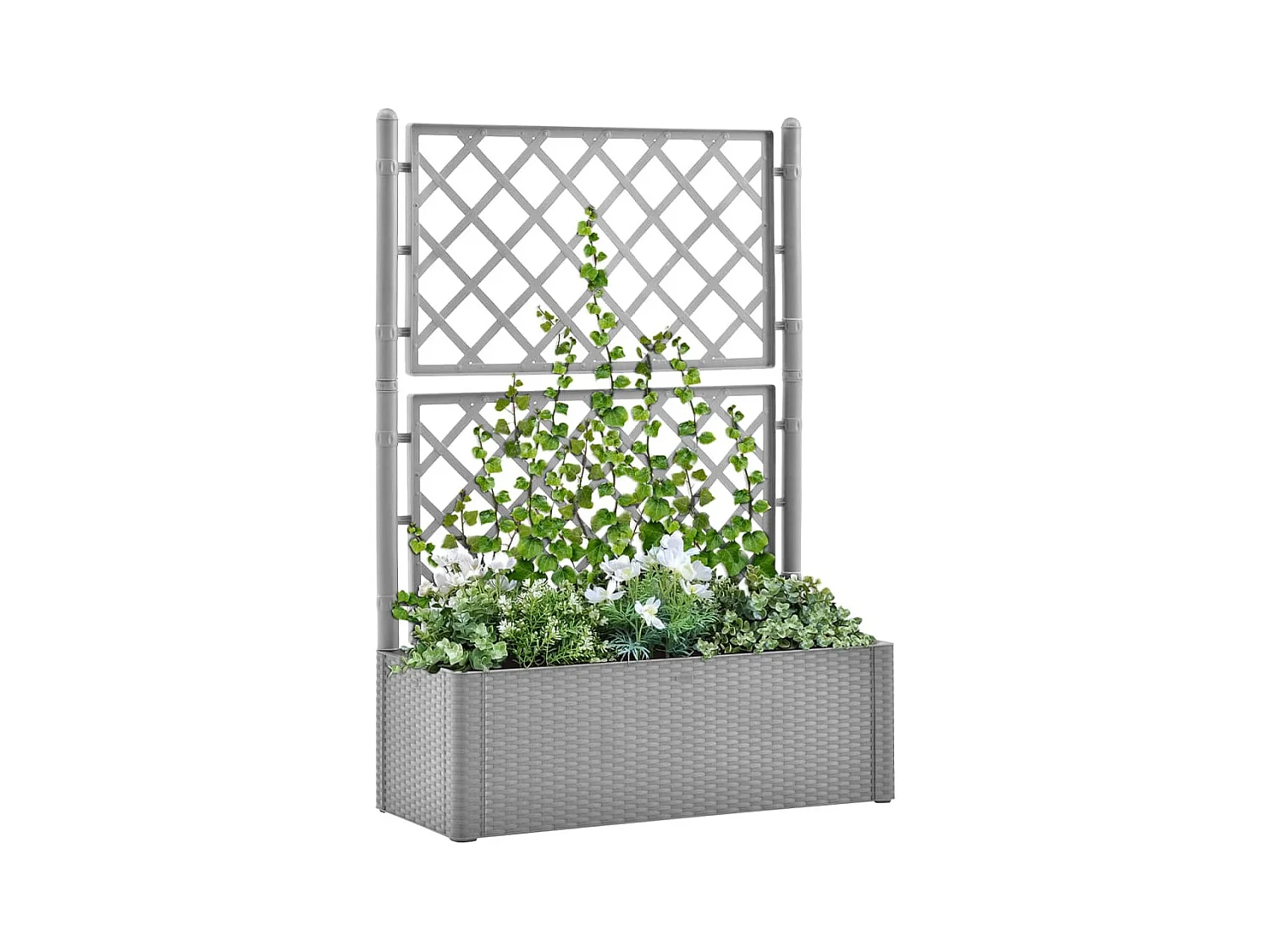 Cama de jardín elevada con enrejado y sistema de riego gris