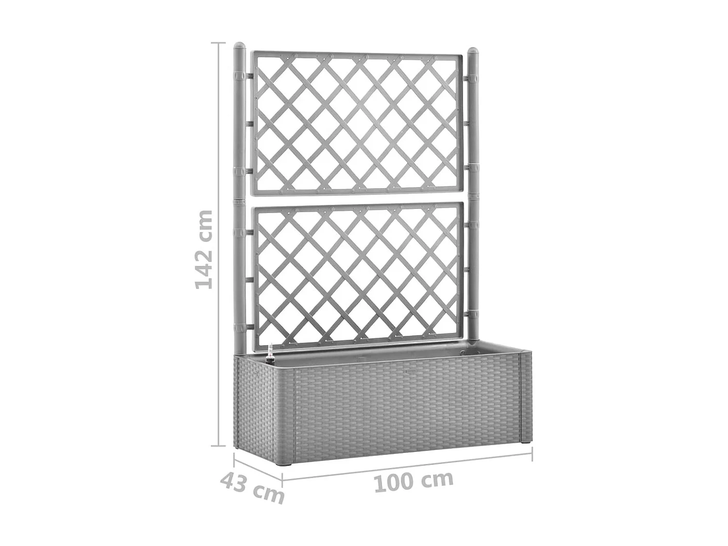 Cama de jardín elevada con enrejado y sistema de riego gris