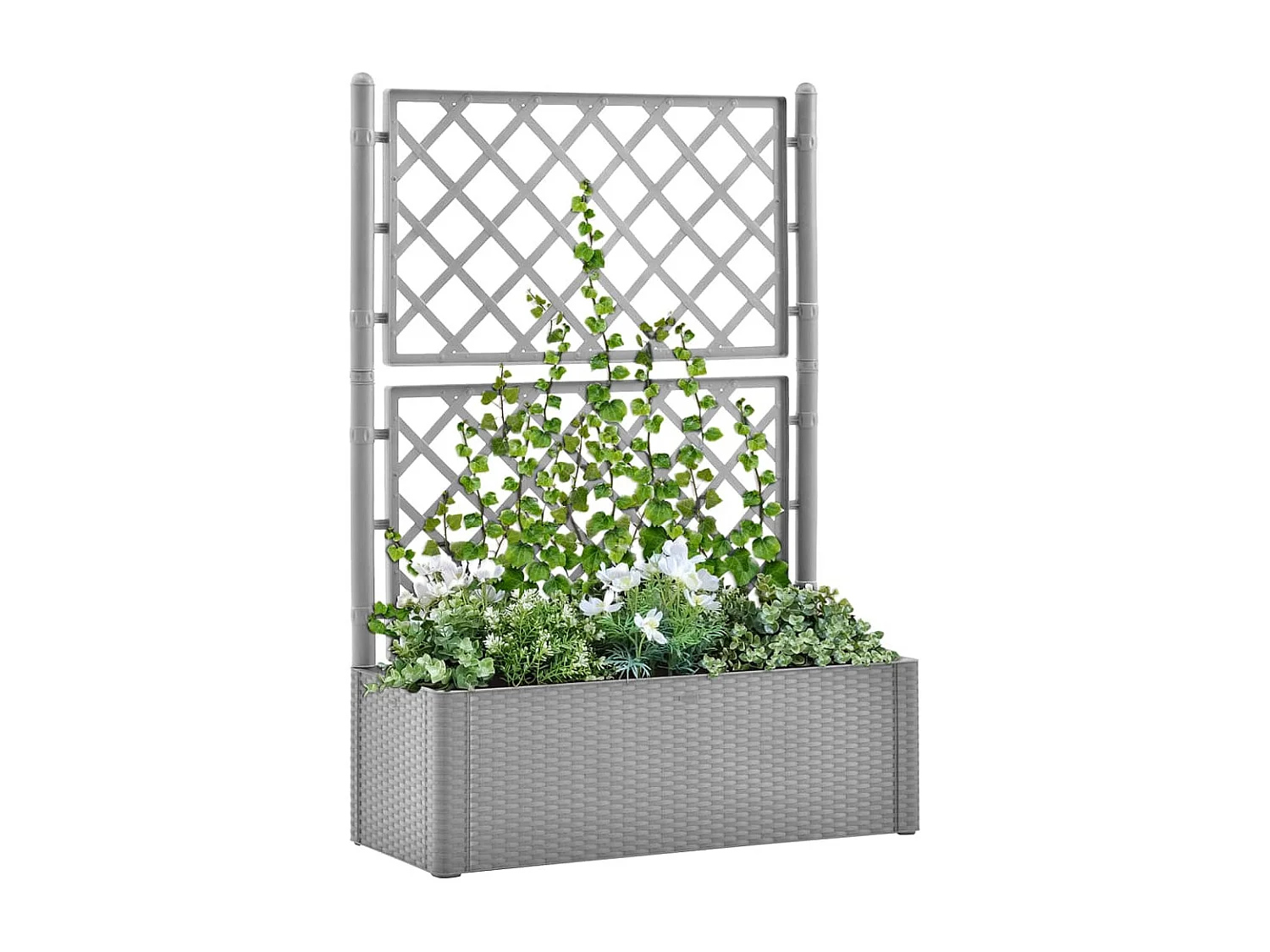 Cama de jardín elevada con enrejado y sistema de riego gris