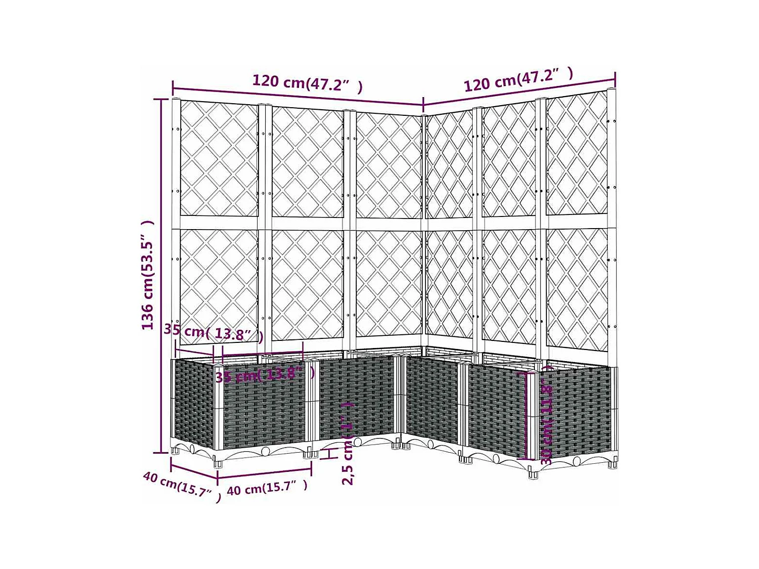 Jardinière avec treillis bleu gris 120x120x136 cm PP