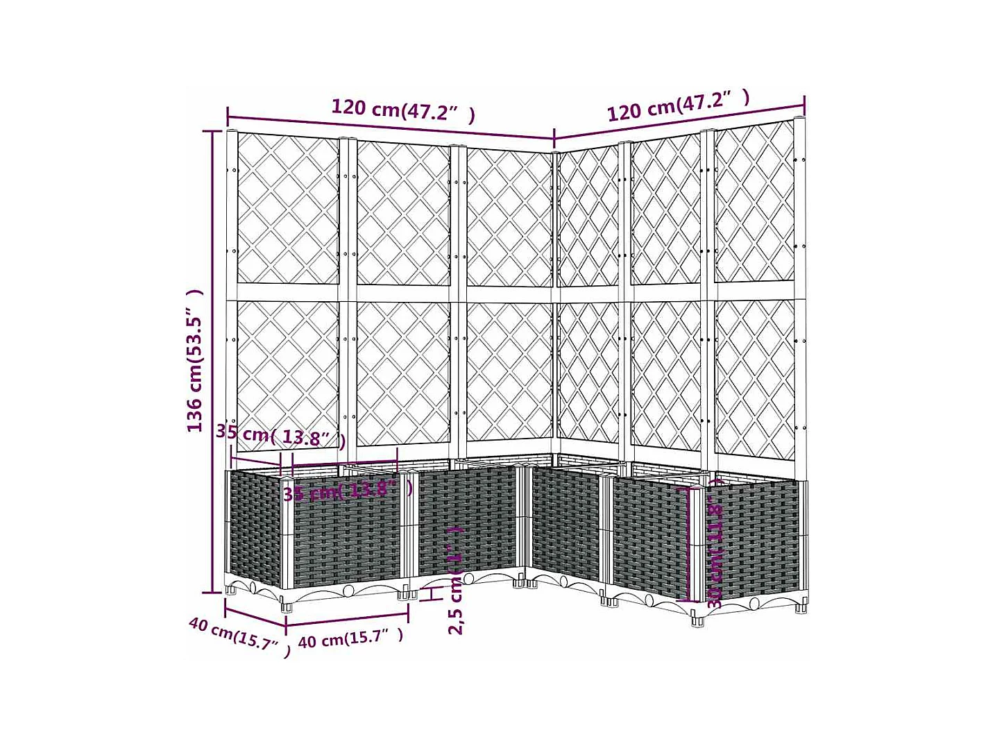 Jardinière avec treillis bleu gris 120x120x136 cm PP