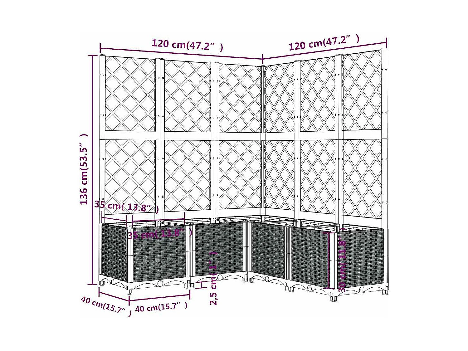 Jardinière avec treillis bleu gris 120x120x136 cm PP