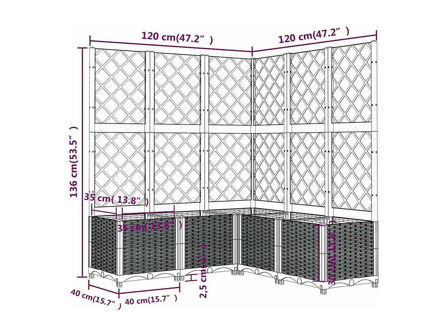 Jardinière avec treillis bleu gris 120x120x136 cm PP