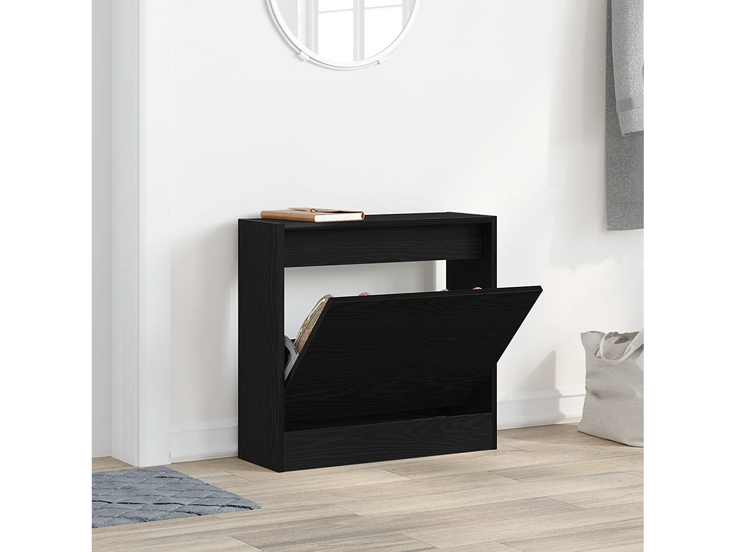 Zwarte eikenhouten schoenenkast 60x21x57 cm bewerkt hout