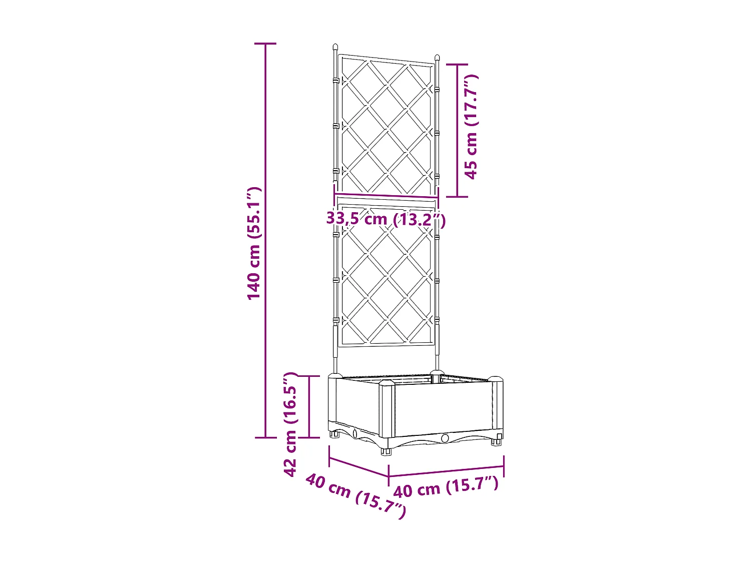 Plantenbak met grijs trellis 40x40x125,5 cm