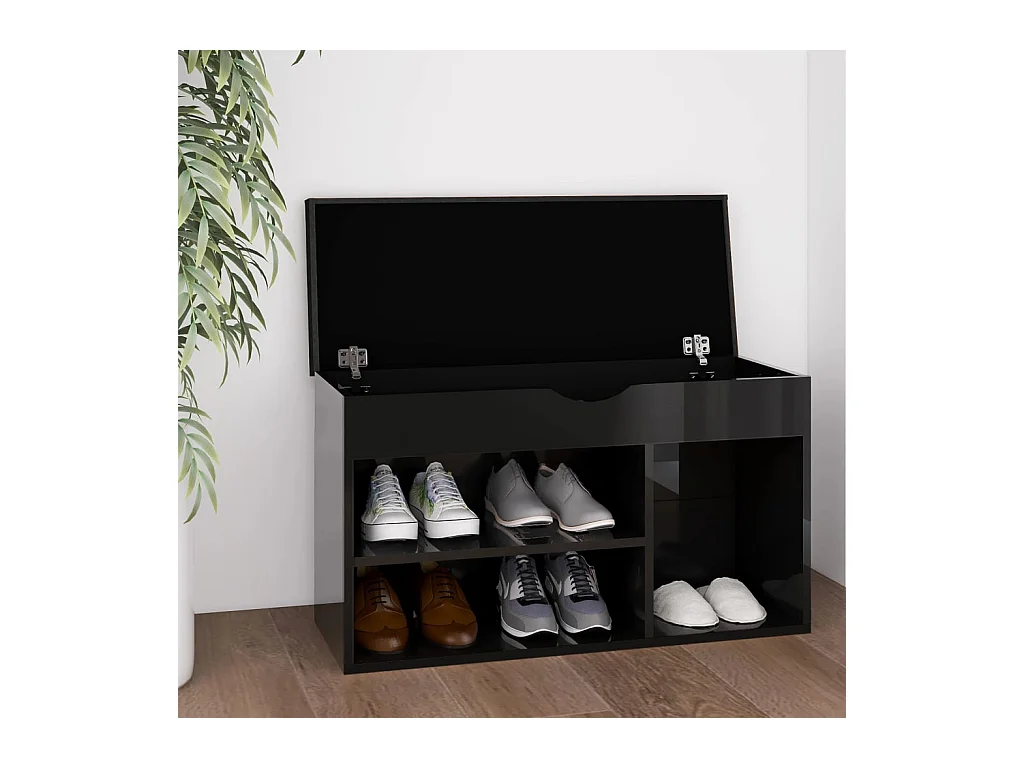 Panca portascarpe e cuscino in legno ingegnerizzato nero lucido