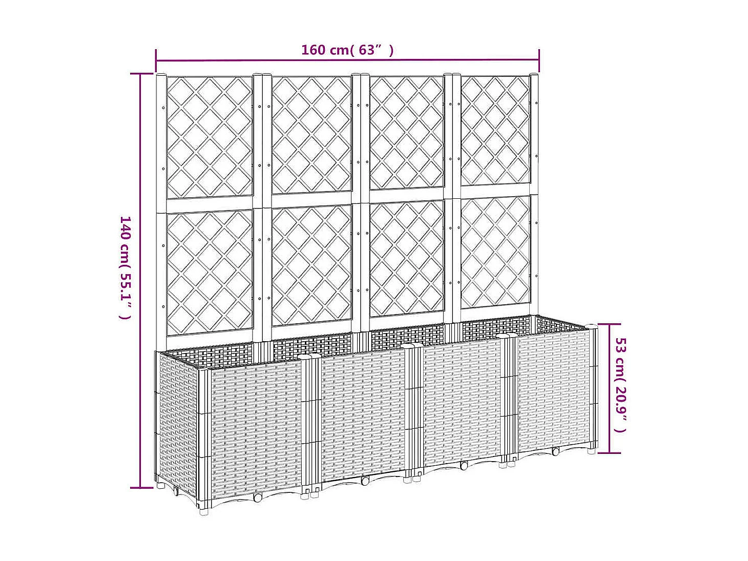 Plantenbak met trellis blauwgrijs 160x40x140 cm PP