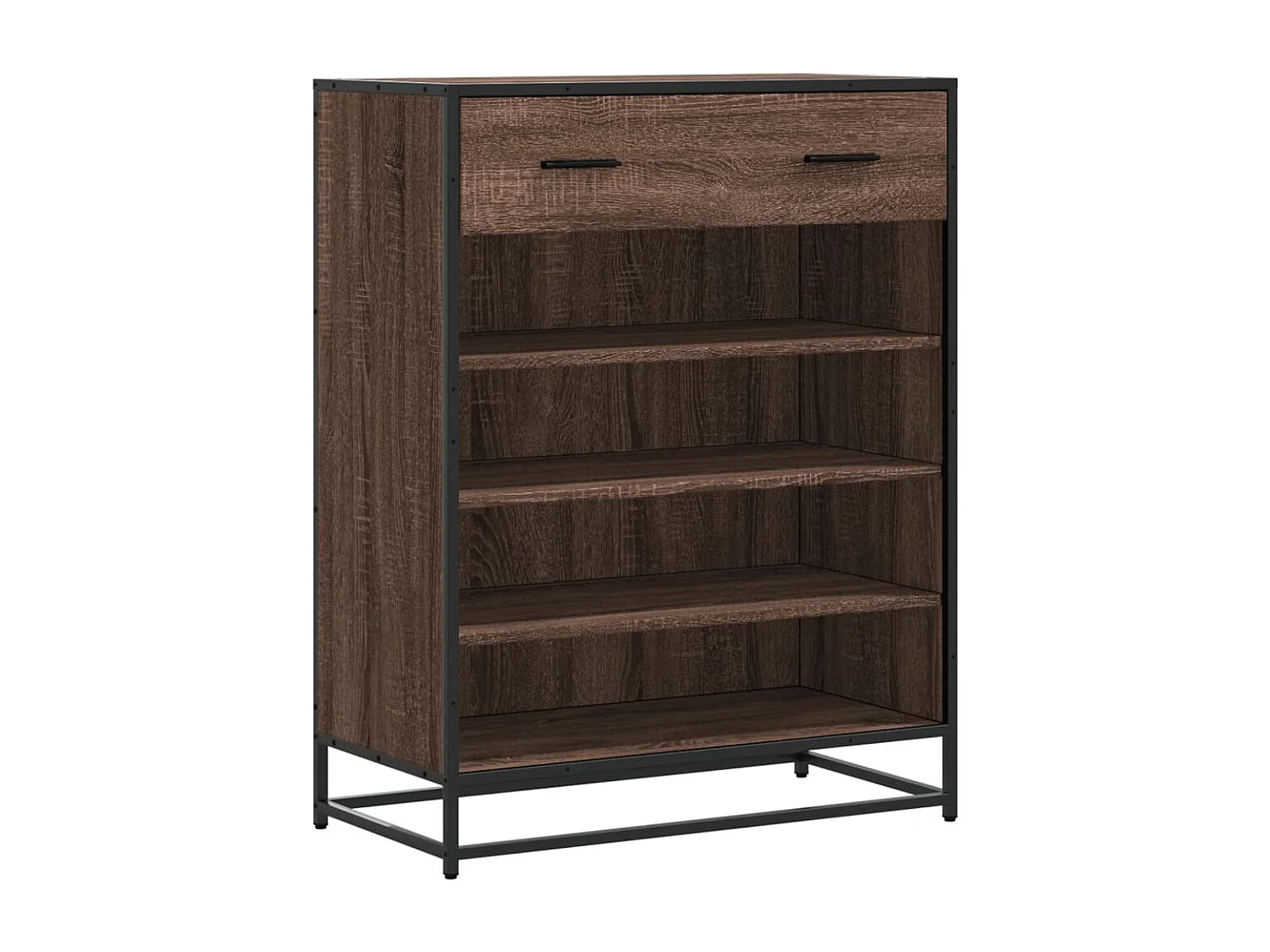 Zapatero de roble marrón fabricado con madera de ingeniería y metal.