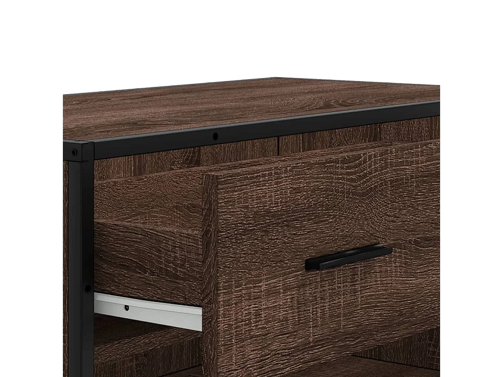 Zapatero de roble marrón fabricado con madera de ingeniería y metal.