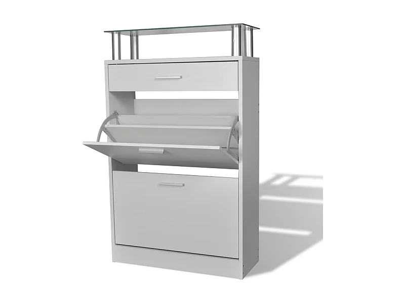 Scarpiera con cassetto e piano in vetro Legno bianco