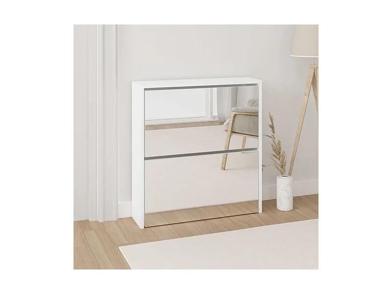 Armoire à chaussures miroir 2 niveaux Blanc brillant 63x17x67cm