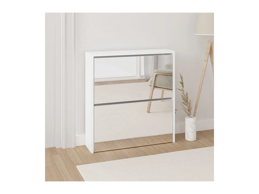 Armoire à chaussures miroir 2 niveaux Blanc brillant 63x17x67cm